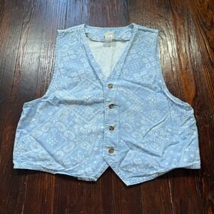 Vintage 80s Vivaldi Vest Womens L Blue Bandana Print Paisley Button Front USA